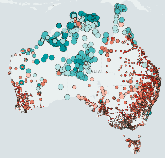 Map showing Voice referendum results across Australia